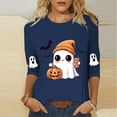 thumbnail image 2 of Women's Funny Halloween T-shirts 3/4 Sleeve Round Neck Ghost Graphic Printed Casual Tees Holiday Tops Plus Size (L, Navy 02), 2 of 3