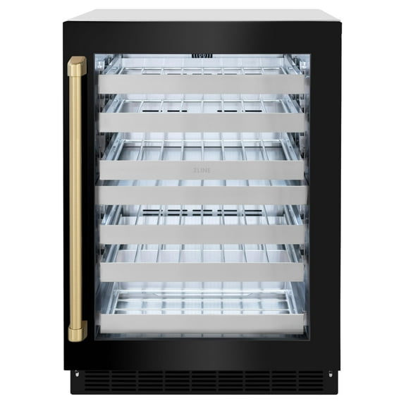 ZLINE Autograph Edition 24 in. Touchstone Dual Zone 44 Bottles Wine Cooler With Black Stainless Steel Glass Door And Champagne Bronze Handle (RWDOZ-BS-24-CB)