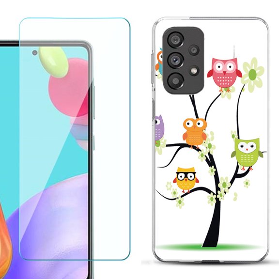 Slim-Fit Gel TPU Phone Case for Samsung Galaxy A33 5G, with Tempered Glass Screen Protector, by OneToughShield ® - Tree Owl