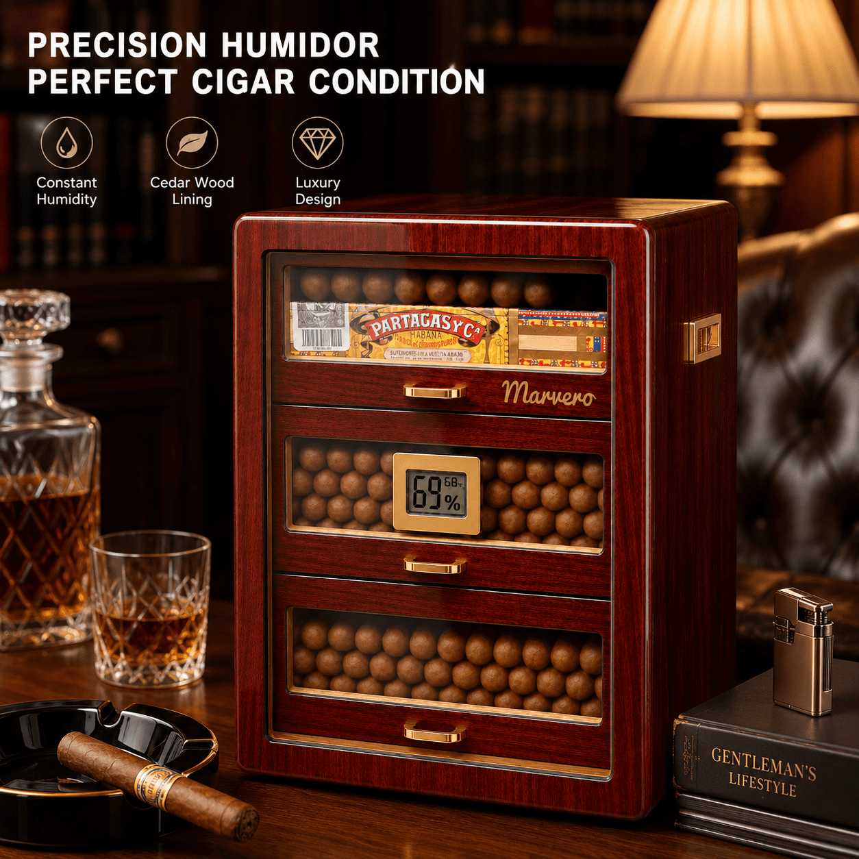 Marvero Cedar Wood Cigar Humidor Cabinet, Digital Hygrometer, 3 Movable Drawers, Double Glass Door, Gold-Plated Hardware, Humidifier, Holds Up to 100-200Cigars