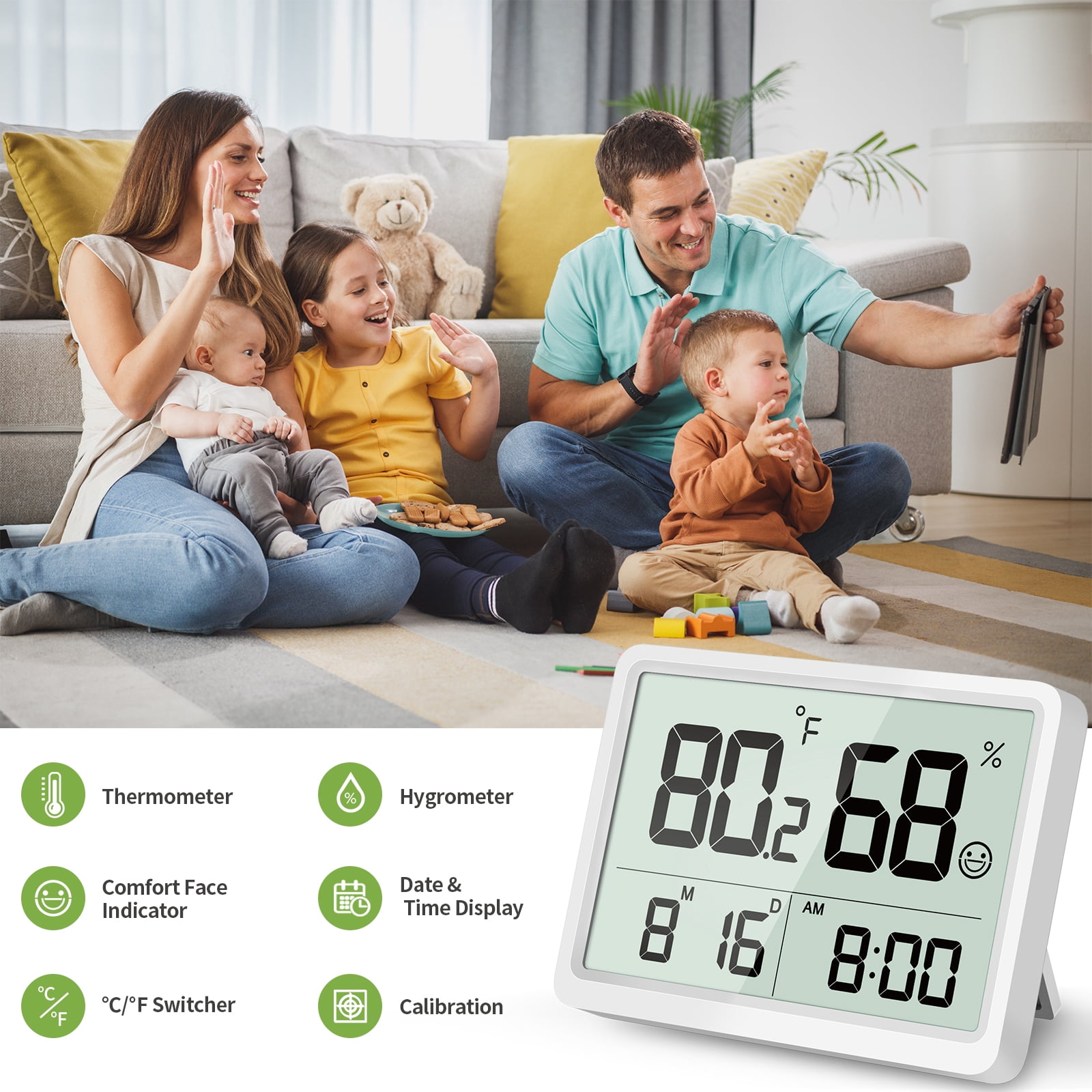 VOCOO Digital Indoor Thermometer Hygrometer with Temp & Humidity Monitor, Large LCD Display, White
