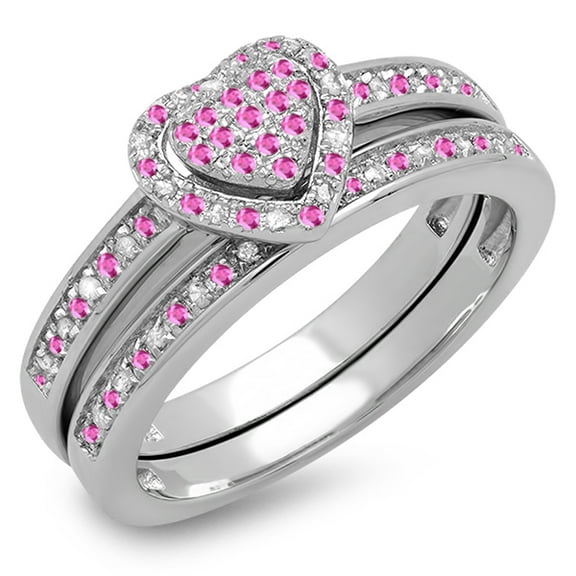 Dazzlingrock Collection Sterling Silver Pink Sapphire & White Diamond Heart Shaped Ring Set, Size 7