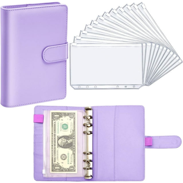 PU Leather Notebook Binder Budget Planner Binder Cover with 12 Pieces Binder Pocket Personal Cash Budget Envelopes System 6 Hole Binder Zipper Folder(Purple)