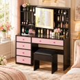 thumbnail image 2 of Ktaxon Large 47.2" Makeup Vanity with 3 Color Lights, Vanity Desk with USB Charging Station, Vanity Makeup Table with Visible Drawers, Hidden and Open Storage Shelves,Black/Pink, 2 of 10