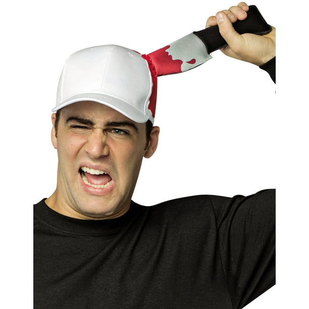 Bloody Knife In Head Hat Scary Movie White Hat With Blood Adult Costume