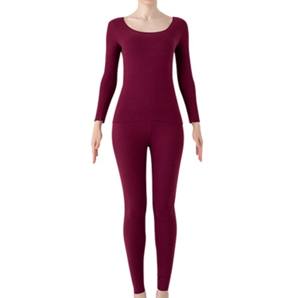 Qarigey Conjunto de ropa interior de manga larga para mujer, calzoncillos largos, traje de capa base térmica, ropa de dormir elástica, suave Ropa interior Vino rojo