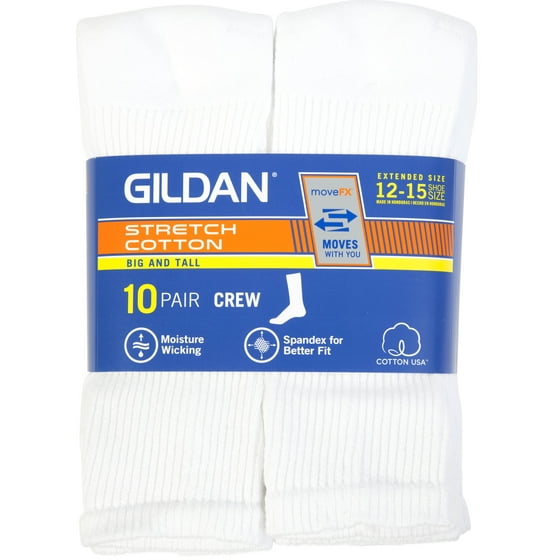 Gildan Men's Big & Tall Performance Cotton moveFX White Crew Socks