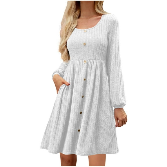 Long Sleeve Sweater Dress for Women Crew Neck Empire Waist Baby Doll Dresses Fall Winter Casual Dress with Pockets
