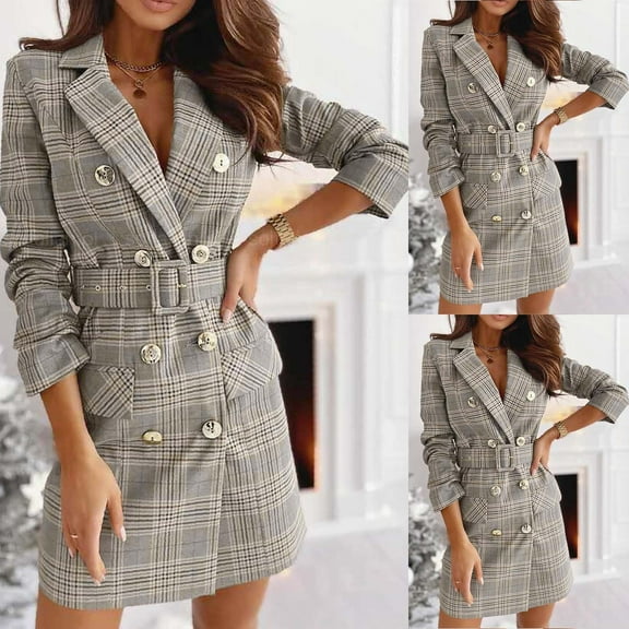 VEKDONE Tweed Blazer Dresses Women Work Office Professional Slim Lapel Button Blazer Dress with Waistband Plaid Trench Coat 2024 Clearance on Sale S-2XL