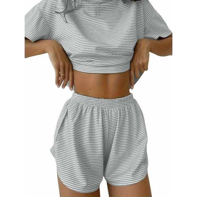 Womens Striped Pajamas Set,Two Piece Set Striped Print Drop Shoulder Tee Wrap Split Shorts Light Gray M