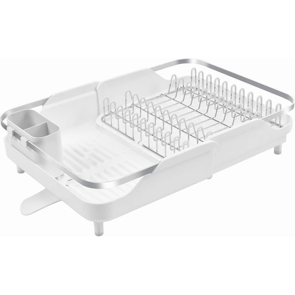 Expandable Dish Drying Rack - Space-Saving Stainless Steel Dish Racks for Kitchen Counter with drainboard and Detachable Cutlery Holder, Large, White