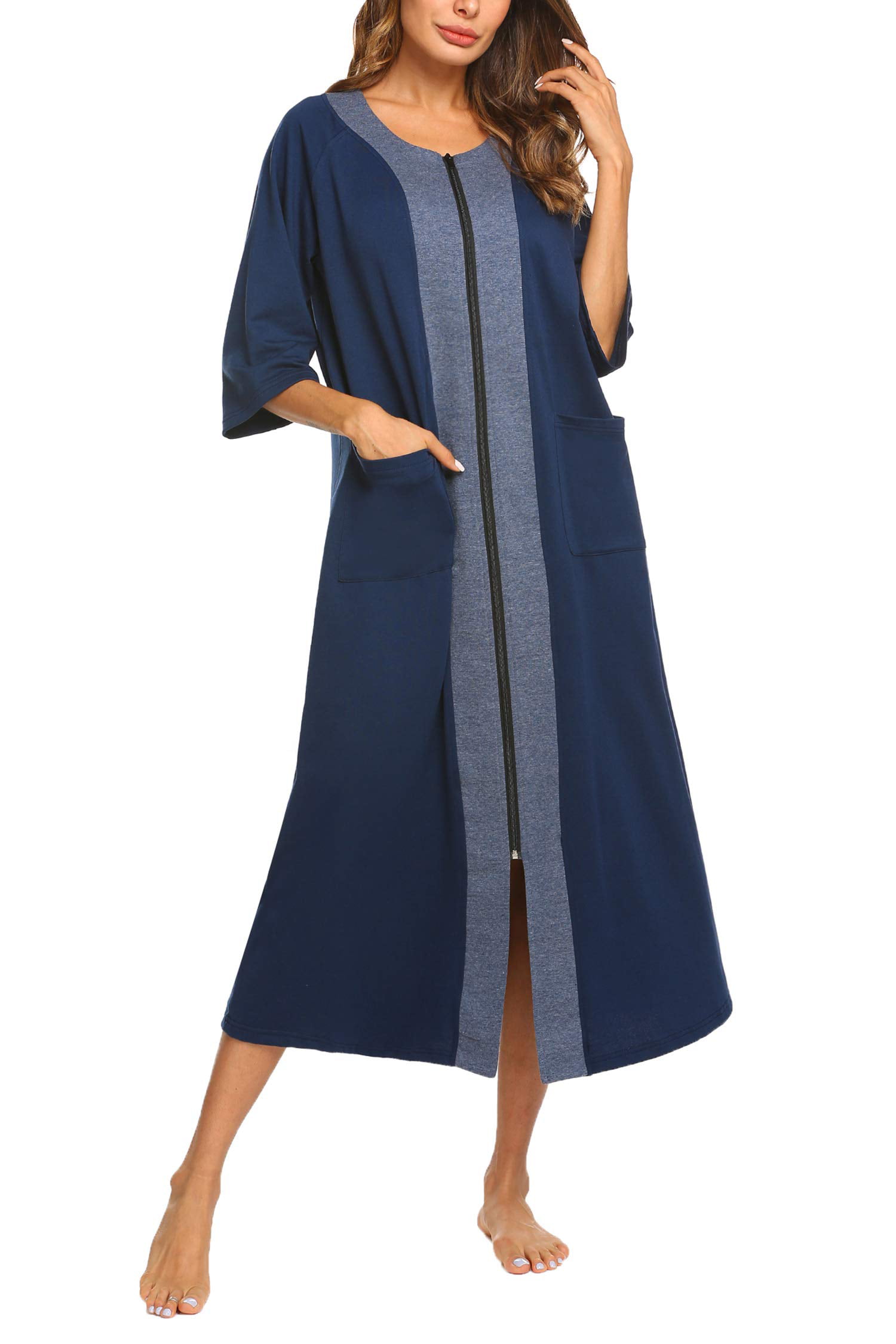 FOLUNSI Housecoat Women's Short Sleeve Zipper Robe Long Nightgown ...