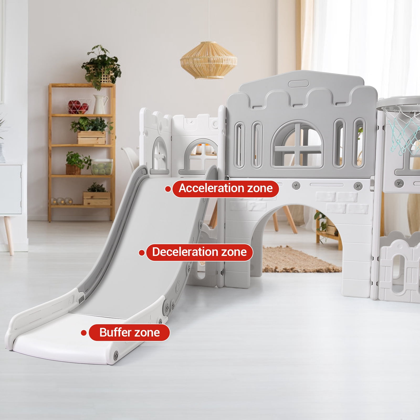 8-In-1 Toddler Indoor Playground With Slide: Baby Slide Playset for Toddlers Ages 1-3, Includes Slide, Basketball Hoop, Climber, Crawling Tunnel, Telescope, and Toy Storage