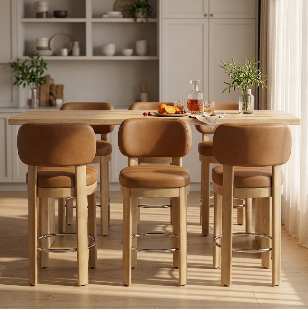 Guyou 26" Bar Stools Set of 4, Modern PU Upholstered Counter Height Bar Stools, Farmhouse Armless Bar Chairs with Solid Wood Legs & Padded Back for Kitchen Island/Dining Room Bar, Brown
