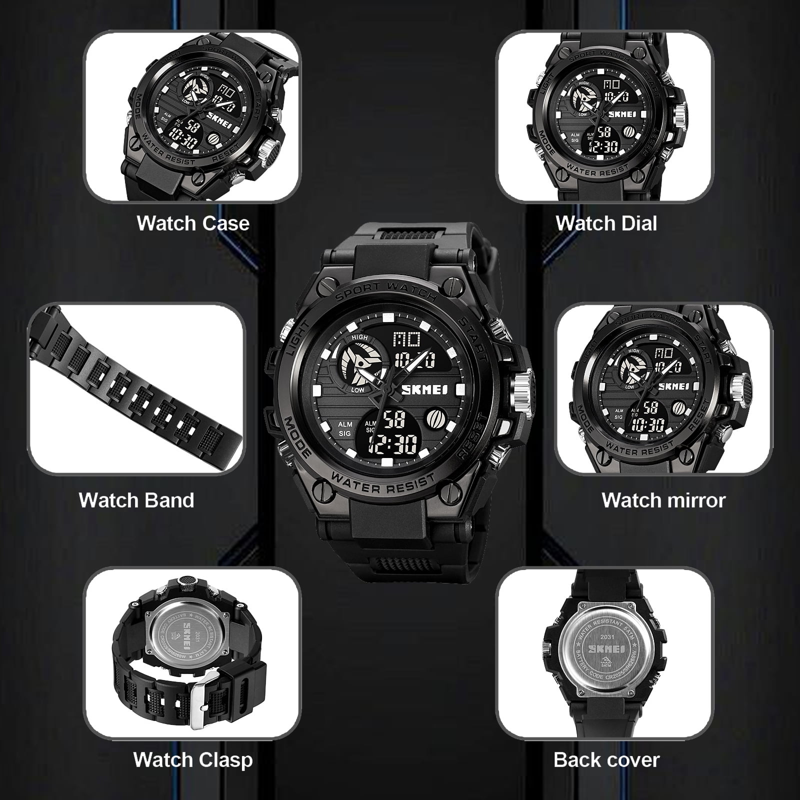 SKMEI Mens Digital Watch Sport Waterproof Watch Analog Military Tactical Watches LED Backlight Alarm Stopwatch Wrist Big Face Watches