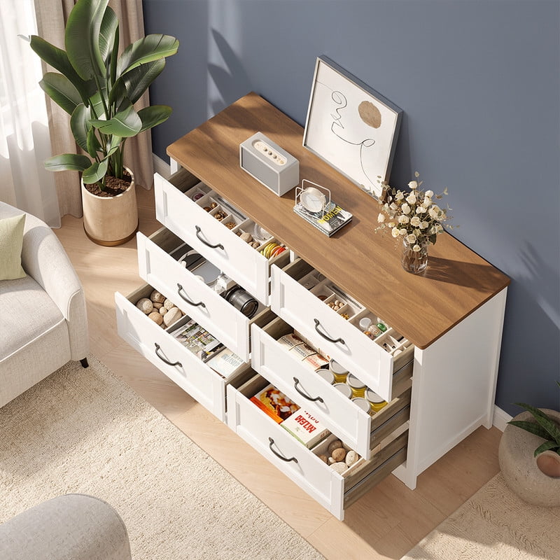 6 Drawer Dresser for Bedroom, Aiho Chest of Drawers with Metal Handle & Anti-Tip Storage Cabinet for Living Room, Nursery, Hallway, White&Vintage-coloured desktop