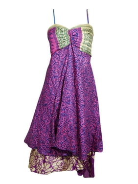 Mogul Women Blue Pink Floral Dress Layered Spaghetti Strap Boho chic Recycled Sari Printed Sundress SM