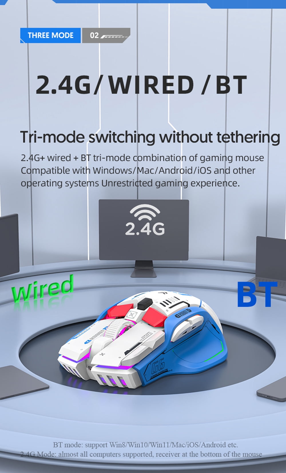 Gaming Mouse, Wired/Wireless/Bluetooth Tri Modes, 5 Adjustable DPI and 11 RGB Backlit, Rechargeable Silent Computer Gaming Mice for Windows/Android/MAC/iOS