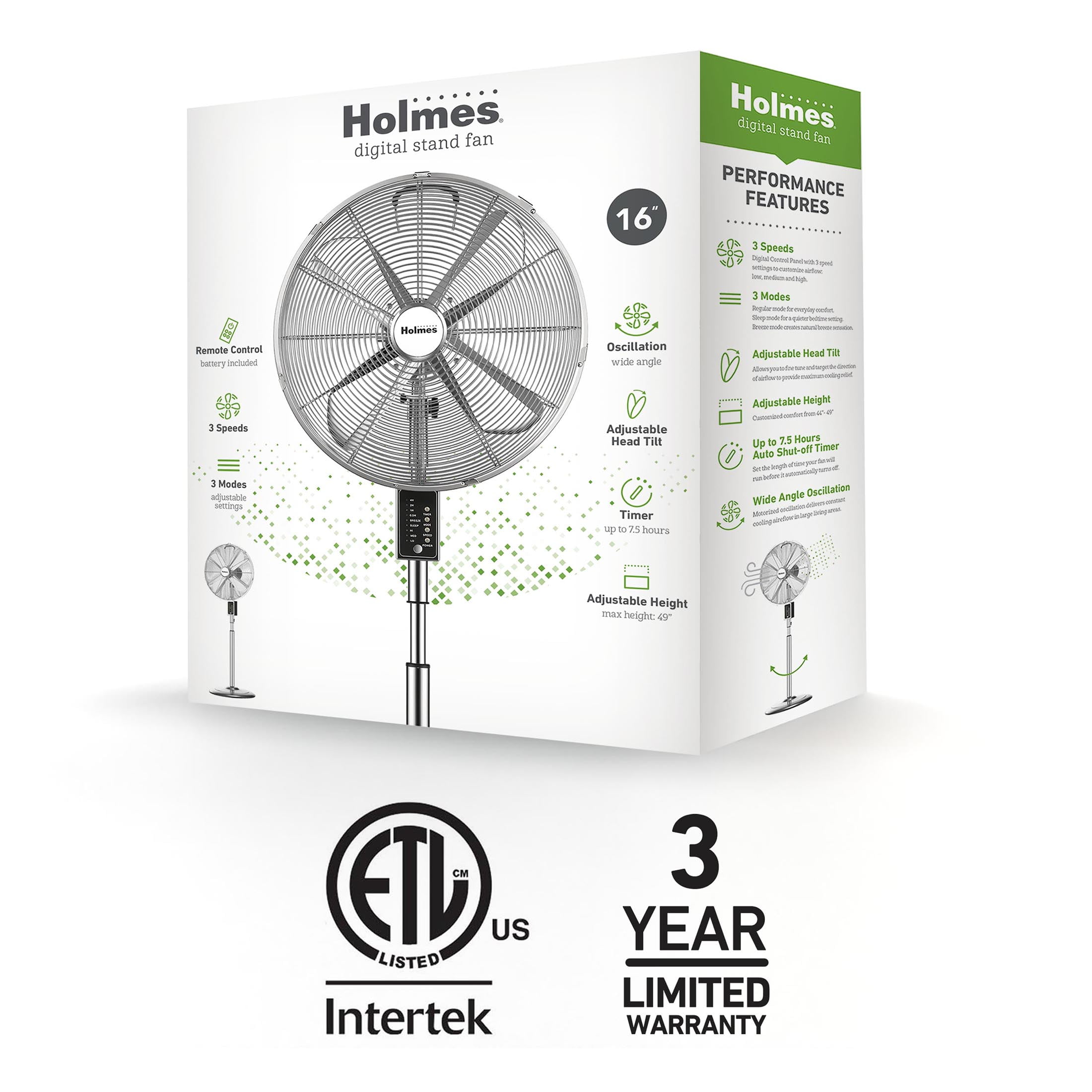 Holmes 16” Digital Metal Stand Fan, 3-Speed, Oscillating, Adjustable Height, Remote, Chrome