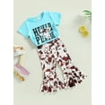 thumbnail image 3 of Toddler Baby Girl Bell Bottom Pants Summer Outfits Short Sleeve Highland Cow Print Tshirt Floral Flared Pants Set Western Clothes (Cow Print, 2-3 Years), 3 of 9