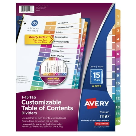 - Avery Ready Index TOC Dividers, Preprinted 1-15 Multicolor Tabs, 6 Sets (11197)