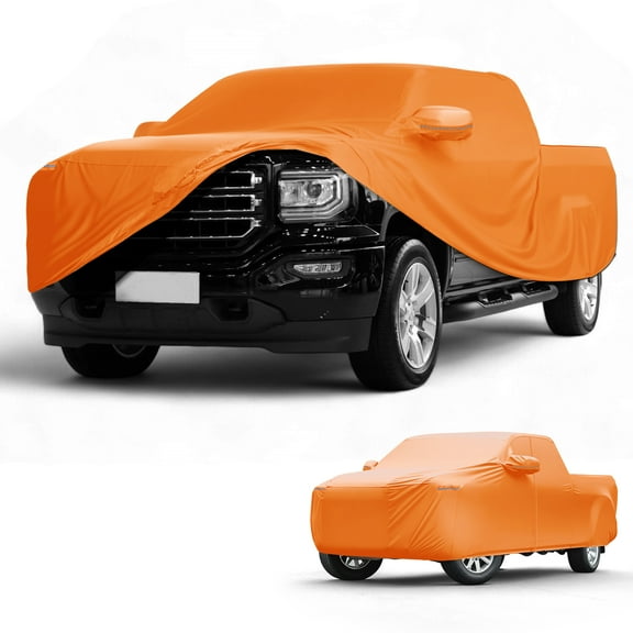 Unique Bargains Car Cover Waterproof All Weather Automotive Outdoor Anti-UV Sun Rain Protection Full Exterior Cover for GMC Sierra Aluminum Film Cotton Orange with Reflective Strips