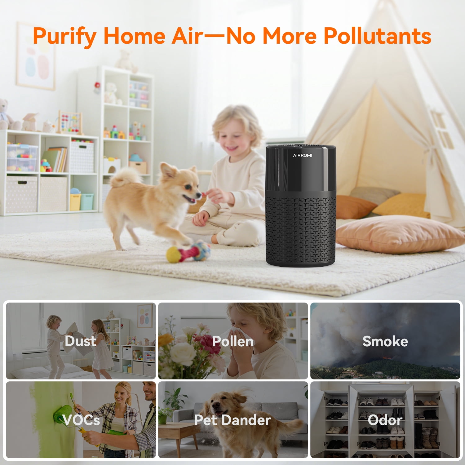 AIRROMI Air Purifiers for Home Room Covers 660 sq.ft, H13 True HEPA Filter, for Allergies,Pet Dander,Pollen,Odor,Smoke, with Night Light, A2002S,Black