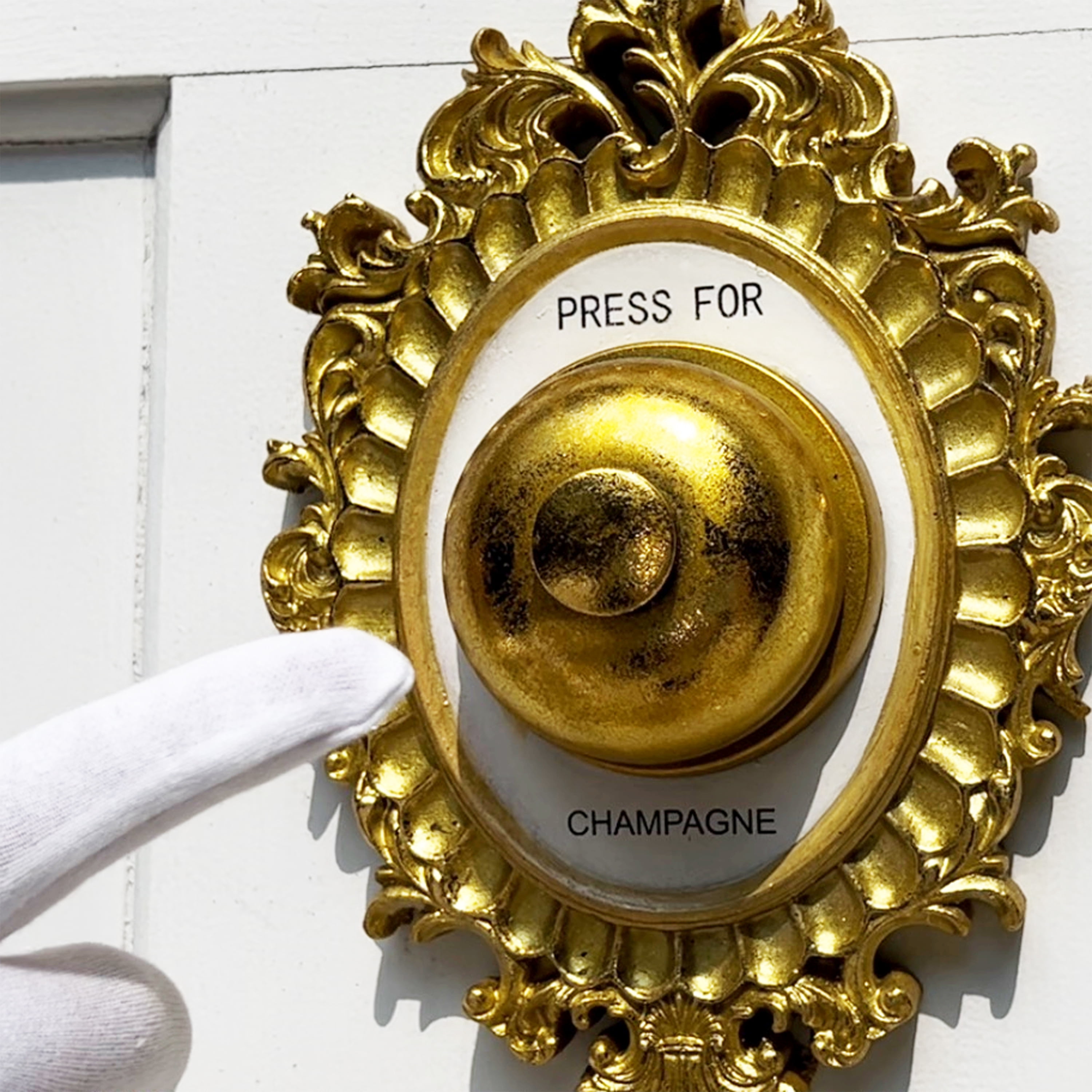 WHW Decorative Door Bell, Champagne Theme, Ornamental Plaque, 9 Tall x 5.5 Inches Wide, Metallic Gold and White, 1 Count