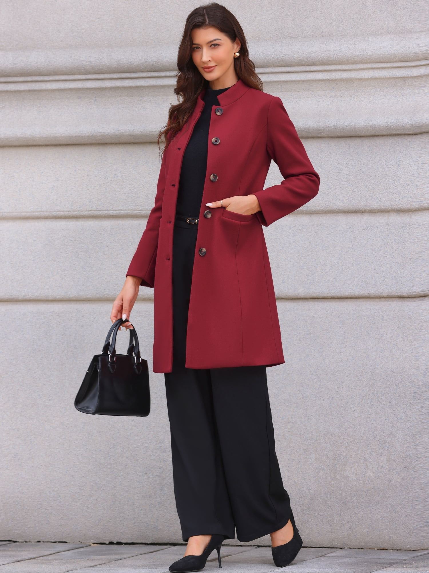 DARING DIVA Women's Stand Collar Mid-Length Overcoat with Pockets L Dark Red