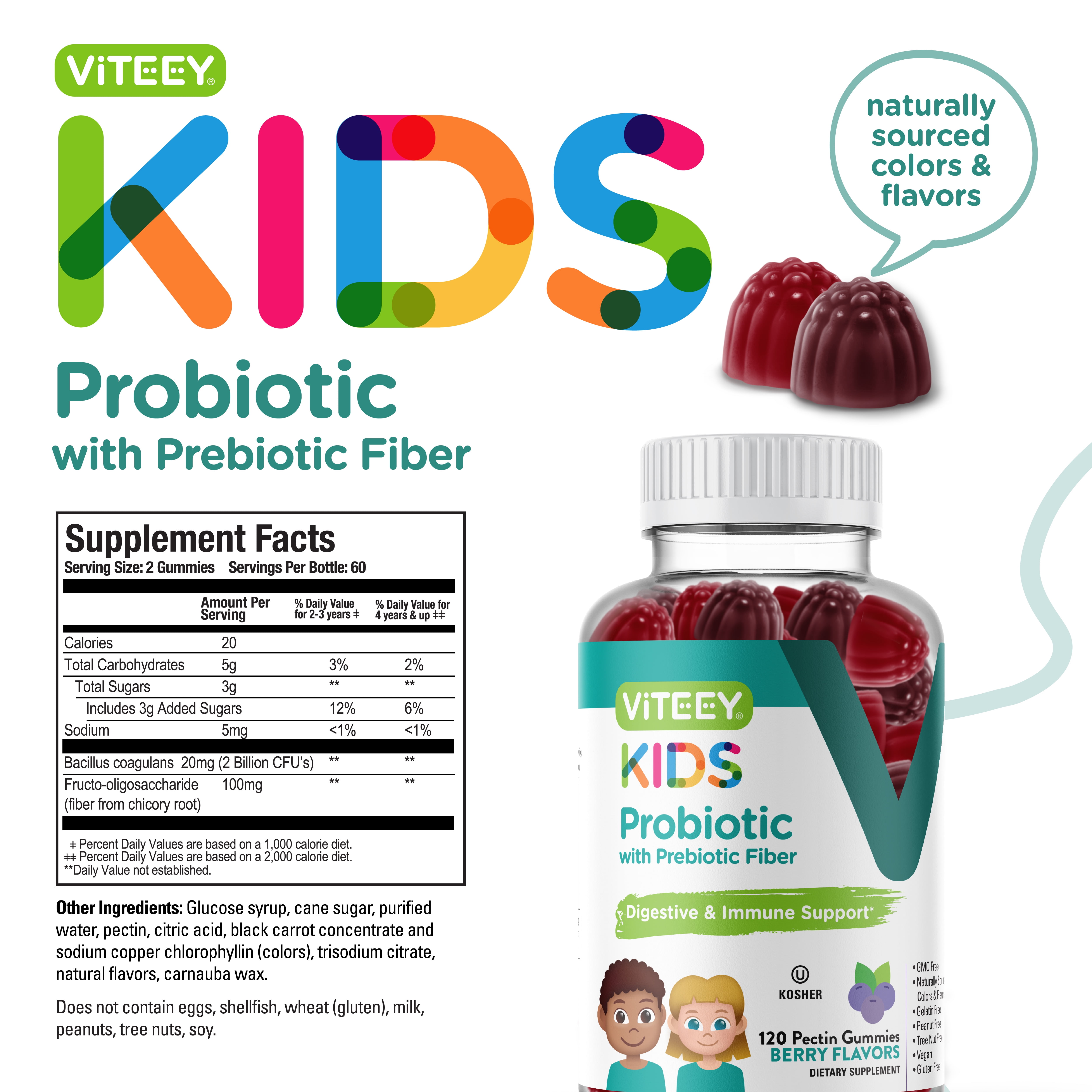 VITEEY Kids Probiotic Gummies with Prebiotic Fiber, Digestive Health & Immune Support, 120 Ct