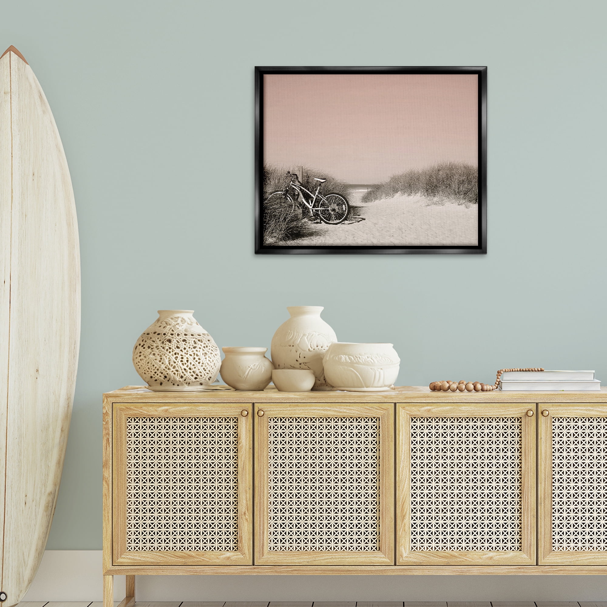 Stupell Industries Bicycle Ride Paused Nautical & Beach Photography Black Floater Framed Canvas Art Print Wall Art, 31 x 25