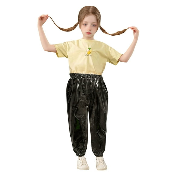 WERYOUNG Girls Boys Performance Pants Summer Casual Sparkly Stretch Elastic Waist Straight Leg Ankle-Tied Pants Kids Stylish Streetwear Pants,Black,2-3 Years