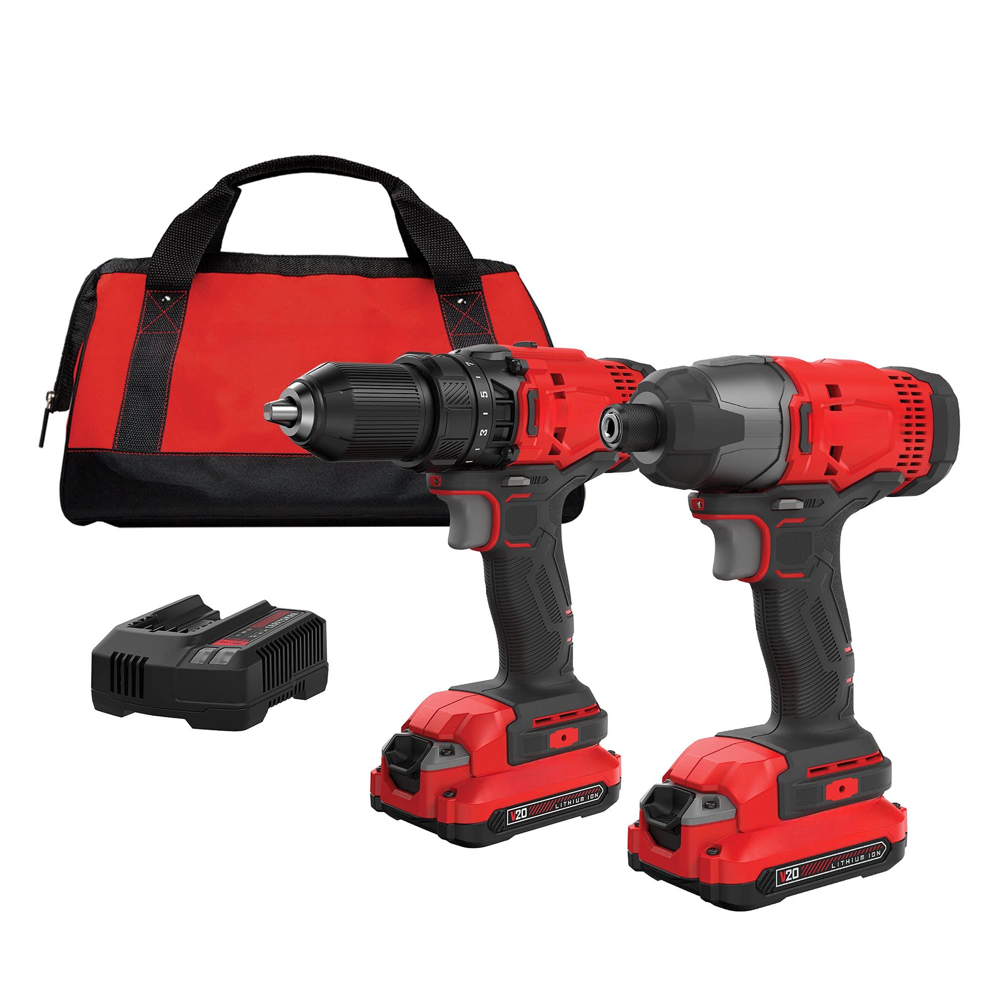 V20 Max Cordless Drill Driver And Impact Set Power Tool With 2 Led Work Light 2 Bits Bag (cmck200c2)