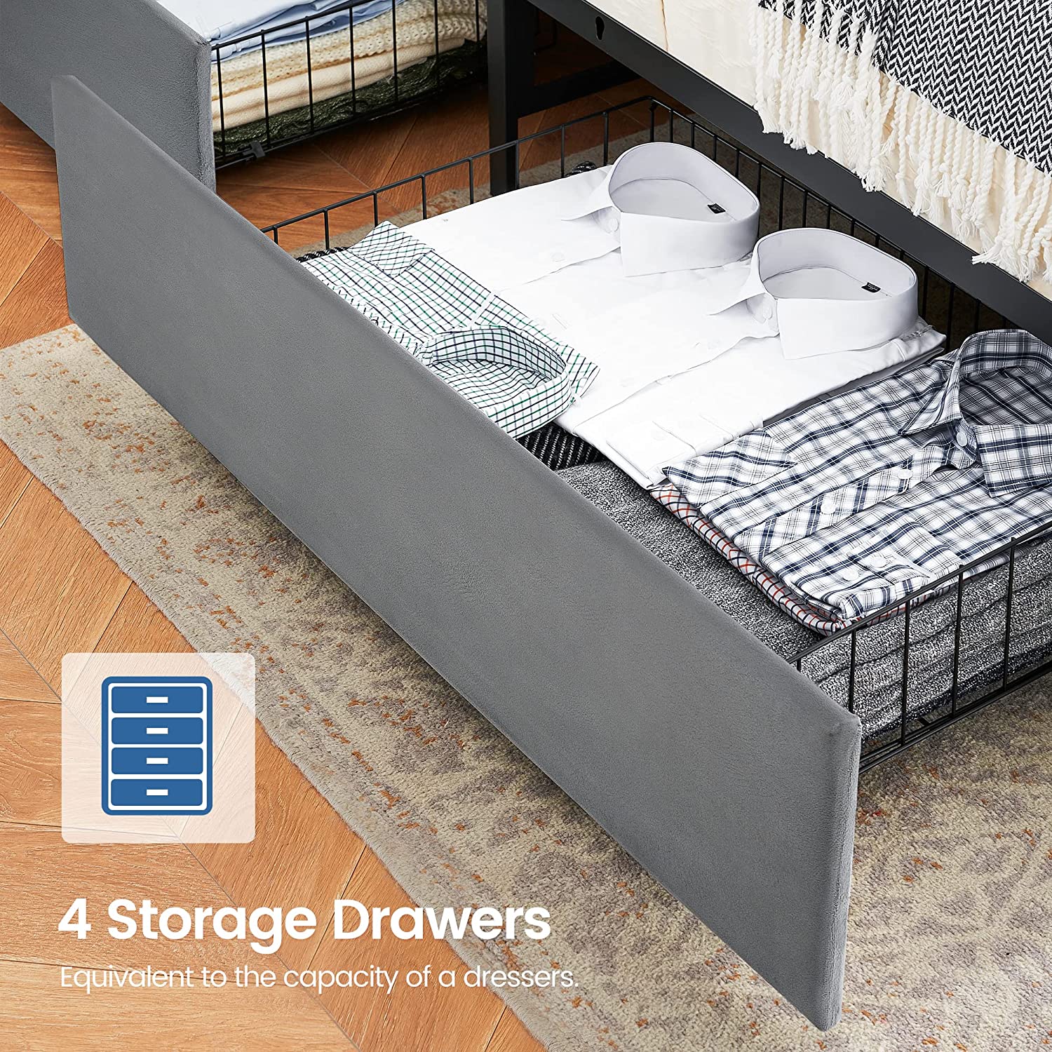 Juiluna Queen Bed Frame with 4 Storage Drawers and Charging Station,Grey Queen Upholstered Bed Frame with Storage Headboard No Box Spring Needed Noise-Free (Queen)