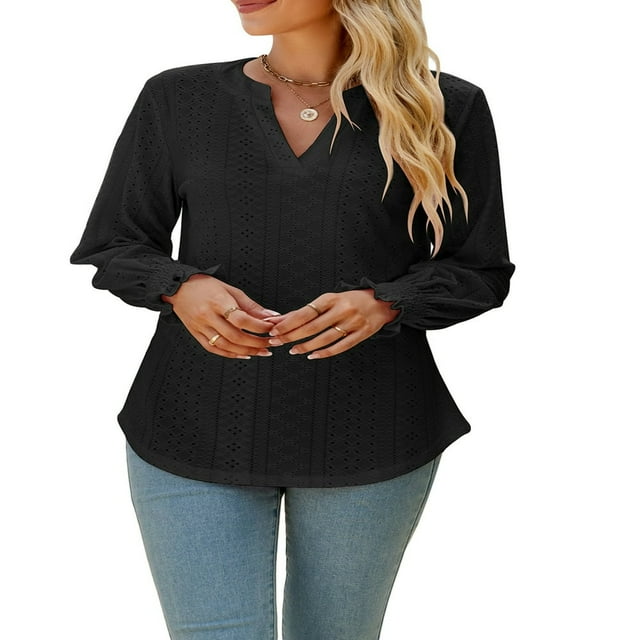 Women Fashion Shirts Solid Color Hollow-Out Long Sleeve Blouses