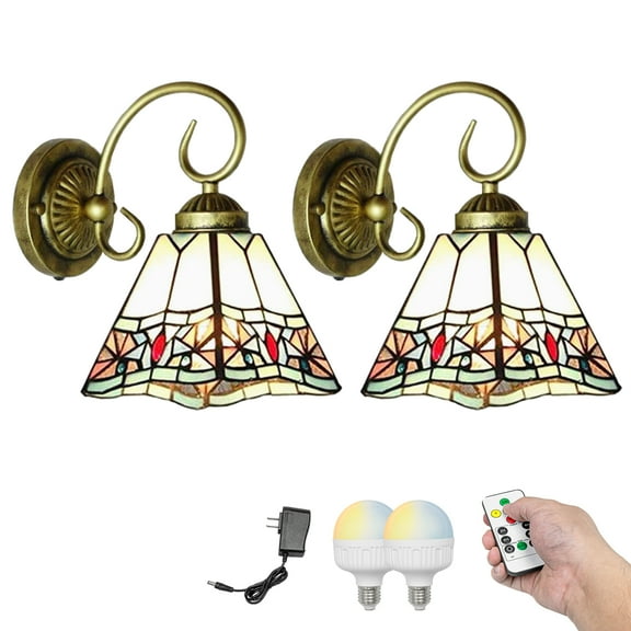 Kiven Battery Operated Wall Sconces, Tiffany Style Wall Lights with Rechargeable LED bulb and Glass Shade,Dimmable,Timing（Set of 2）