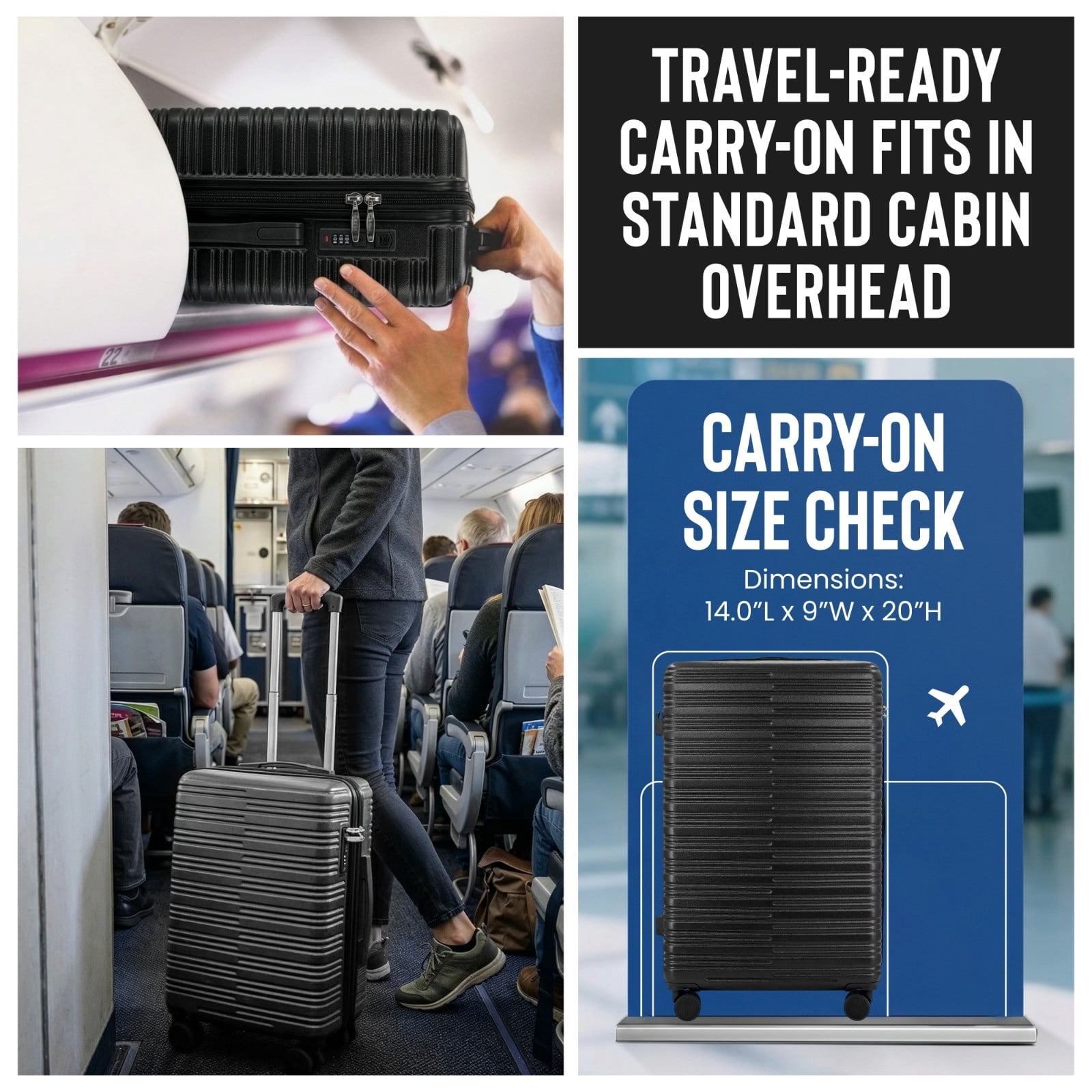 Expandable 20-inch Carry-On Hardside Luggage with 360° Spinner Wheels and Combination Lock, Black