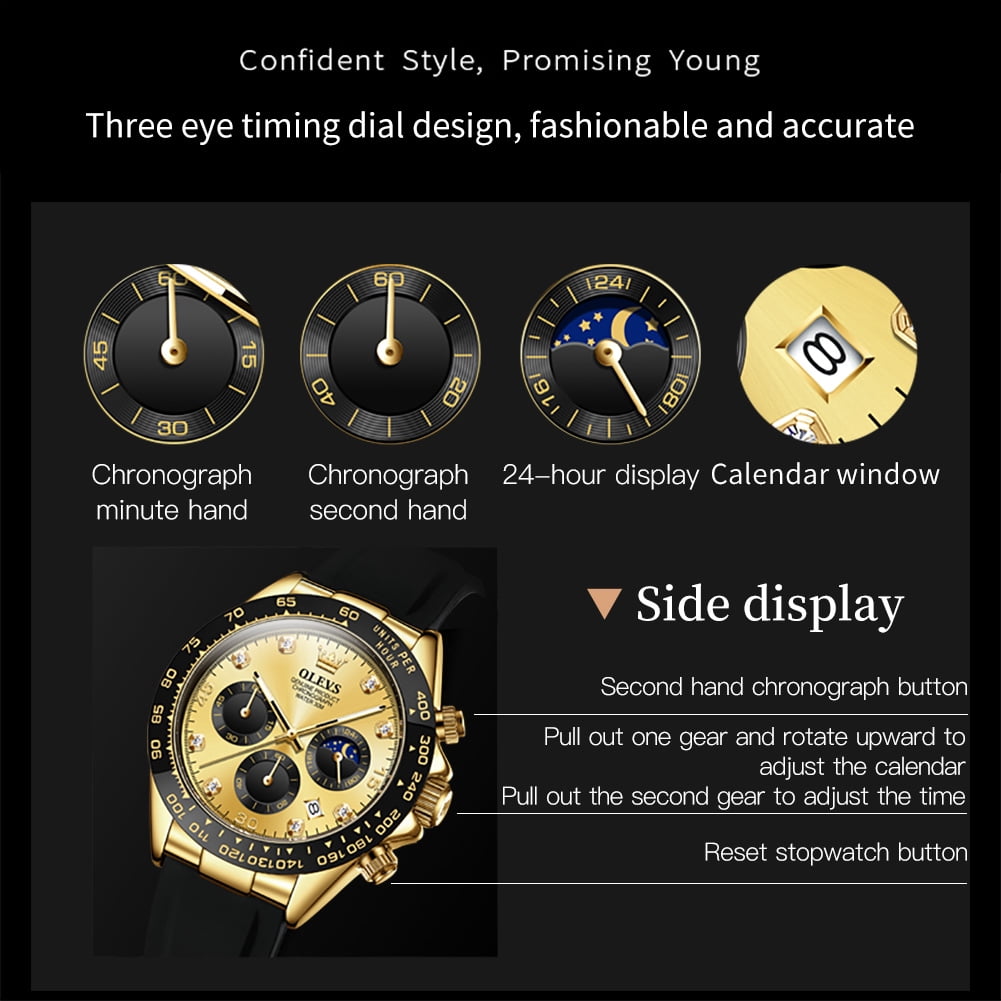 OLEVS Watches for Men Chronograph Multifunction Sport Silicone Luxury Dress Diamond Moon Phase Quartz Male Watch Waterproof Mens Wrist Watches Reloj para Hombre,Gold/Black/White/Blue/Grey Dial