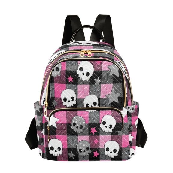 Pink Black Plaids Skulls Stars Cartoon Quilted Backpack Fashion Daypack Commuter Bag for Women 8.5 L