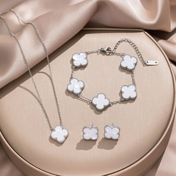 Sylora Vintage Four Leaf Clover Jewelry Set – Silver Chain White Shell Clover Necklace, Bracelet, Earrings, Perfect Jewelry Set for Women