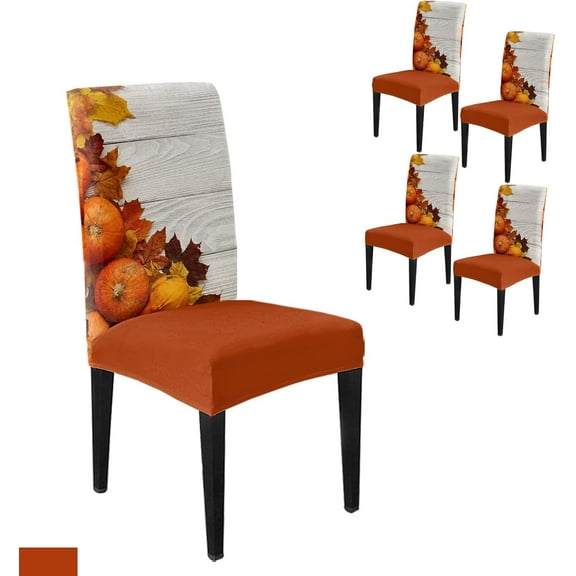 Fall Chair Covers Set of 4 Thanksgiving Chair Covers for Dining Chairs Orange Pumpkin Maple Leaf Vintage Farm Wooden Plank Stretch Removable Chair Slipcovers for Dining Room Kitchen Holiday Party