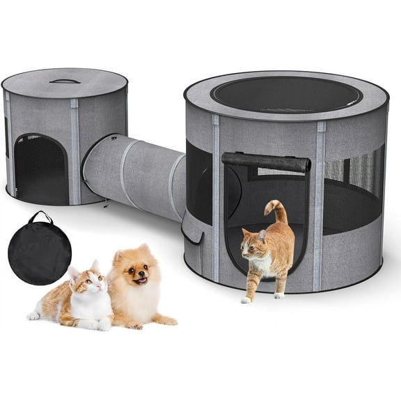 Portable Cat Playpen With Tunnel 3 In 1 Foldable Puppy Play Pen Waterproof Bottom Enclosed 2Room Separable Pet Tent For Indoor Outdoor MultiPurpose Enclosure Crate Cage For Kitten Dog Rabbit