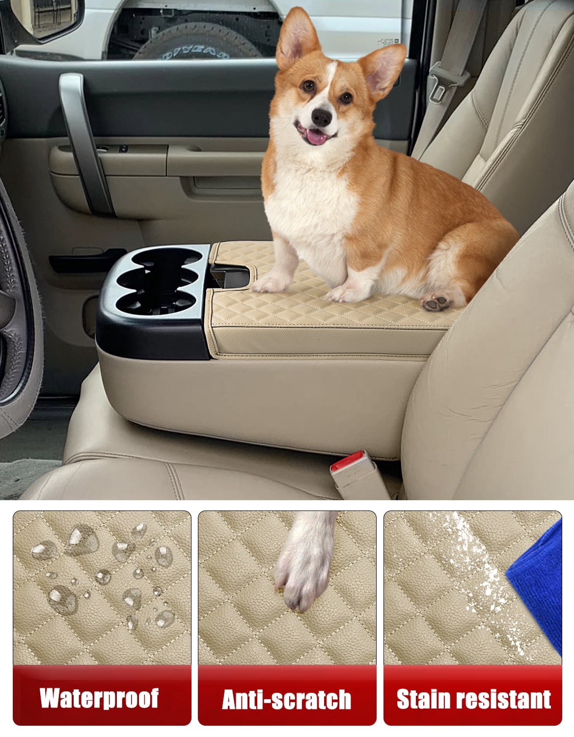 KBH Center Console Cover for 2007-2014 Silverado Tahoe Sierra Yukon Suburban with Jump Seat Console, Anti-Scratch Leather Arm Rest Cushion Pad Protector Interior Accessories, Beige
