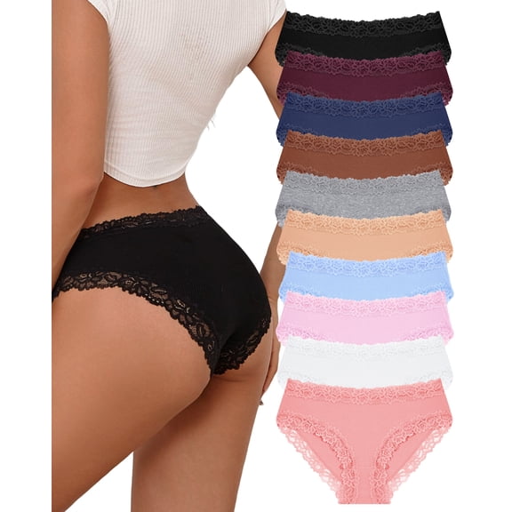 FINETOO Cotton Underwear for Women Cheeky Bikini Panties Soft Breathable Lace Waist Hipster Ladies 10 Pack S-XXL