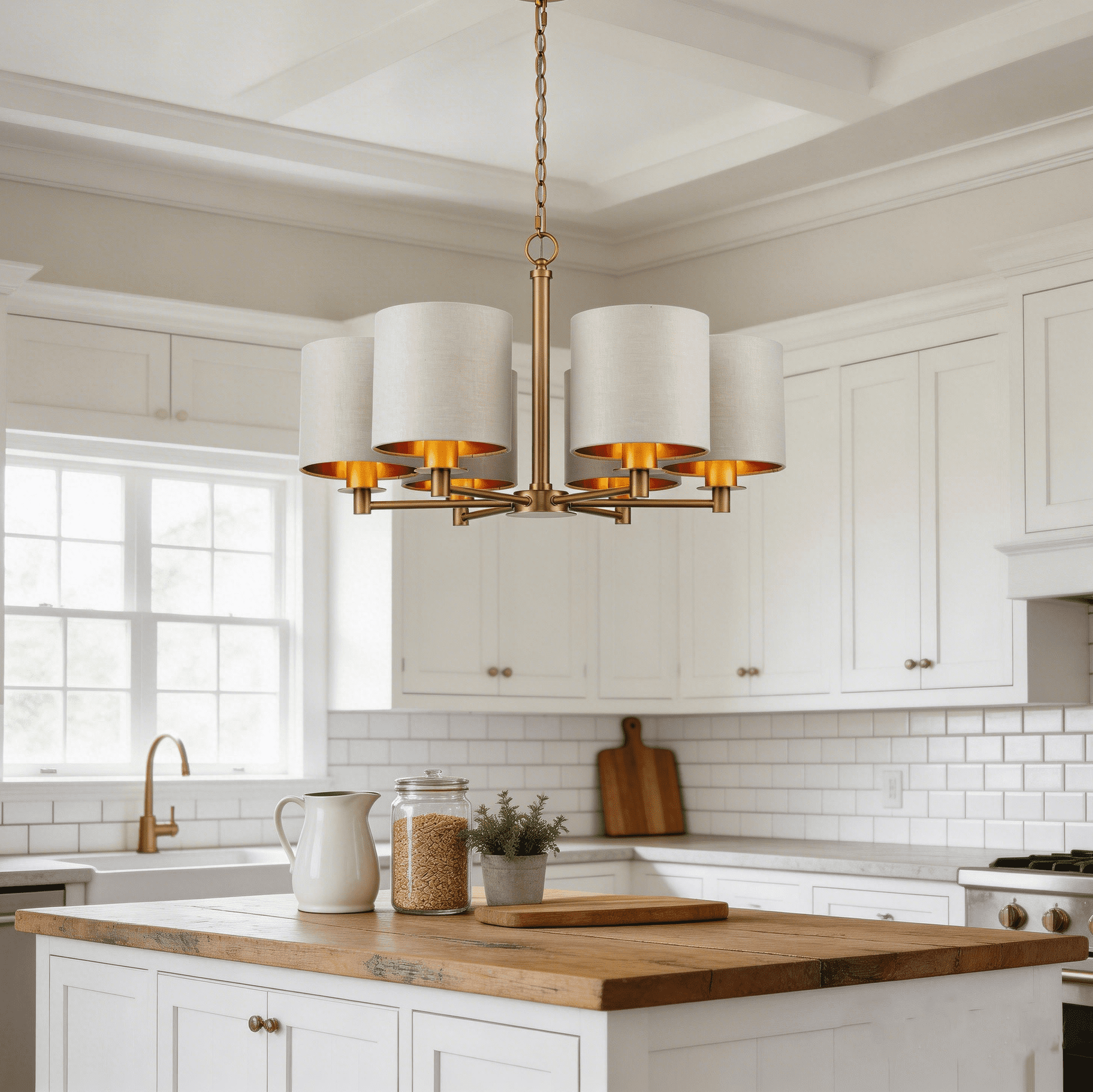 6-Light Modern Drum Chandelier Dining Room Pendant Light Fixture with Gray/Gold Fabric Shade for Kitchen, Island, Dining Room, Living Room