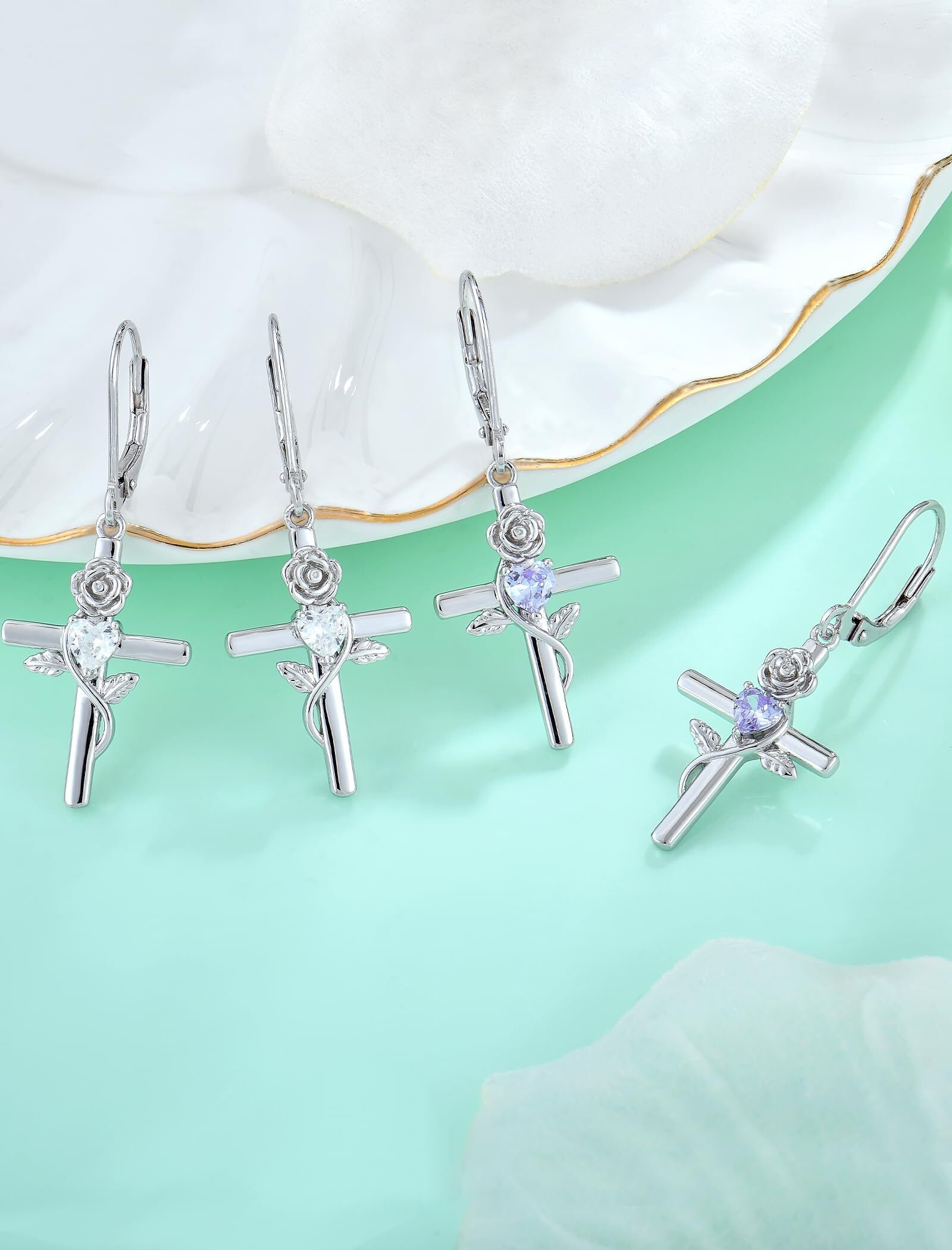 VESITIM Cross Earrings for Women Rose Flower Earring 925 Sterling Silver Dangle Drop Religious Jewelry Gift with Heart Cubic Zirconia Birthstones