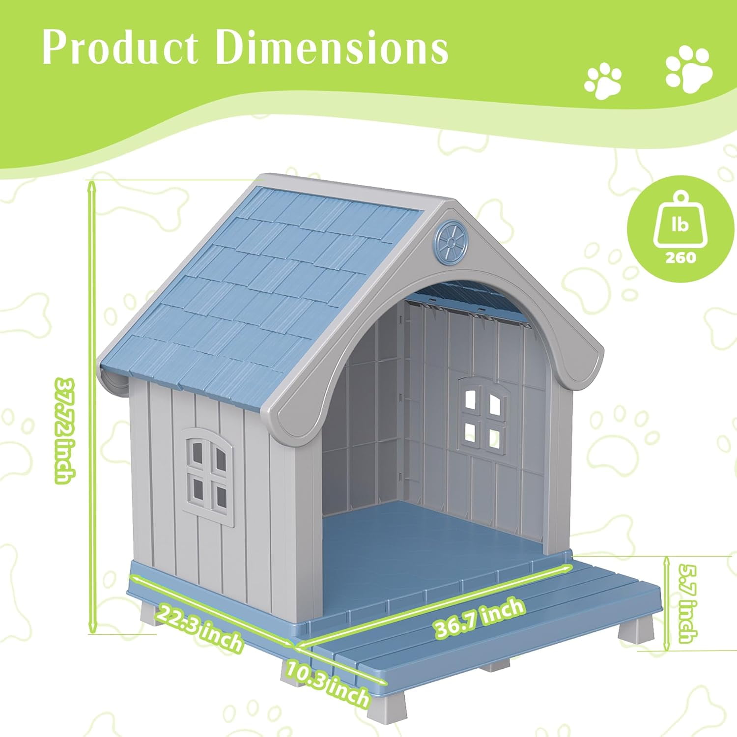 Outdoor Pet House with Elevated Platform, Weatherproof Plastic Pet Shelter for Medium Pets