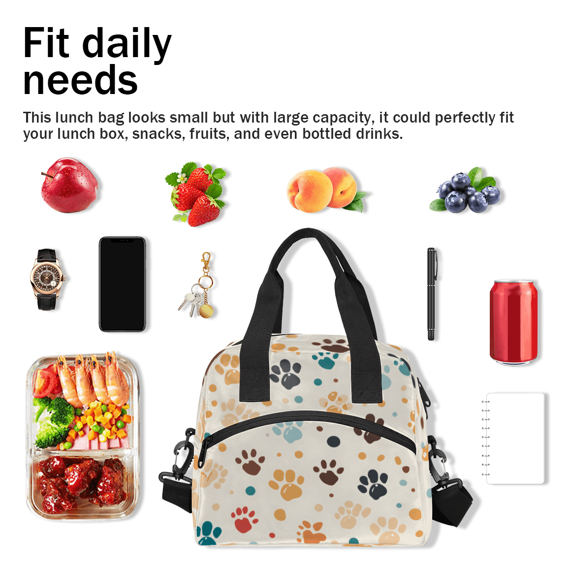 Herdesigns Dog Paw Print Insulated Lunch Bag for Women Men Adults Large Reusable Lunch Box Cute Leakproof Cooler Tote Bags with Adjustable Shoulder Strap