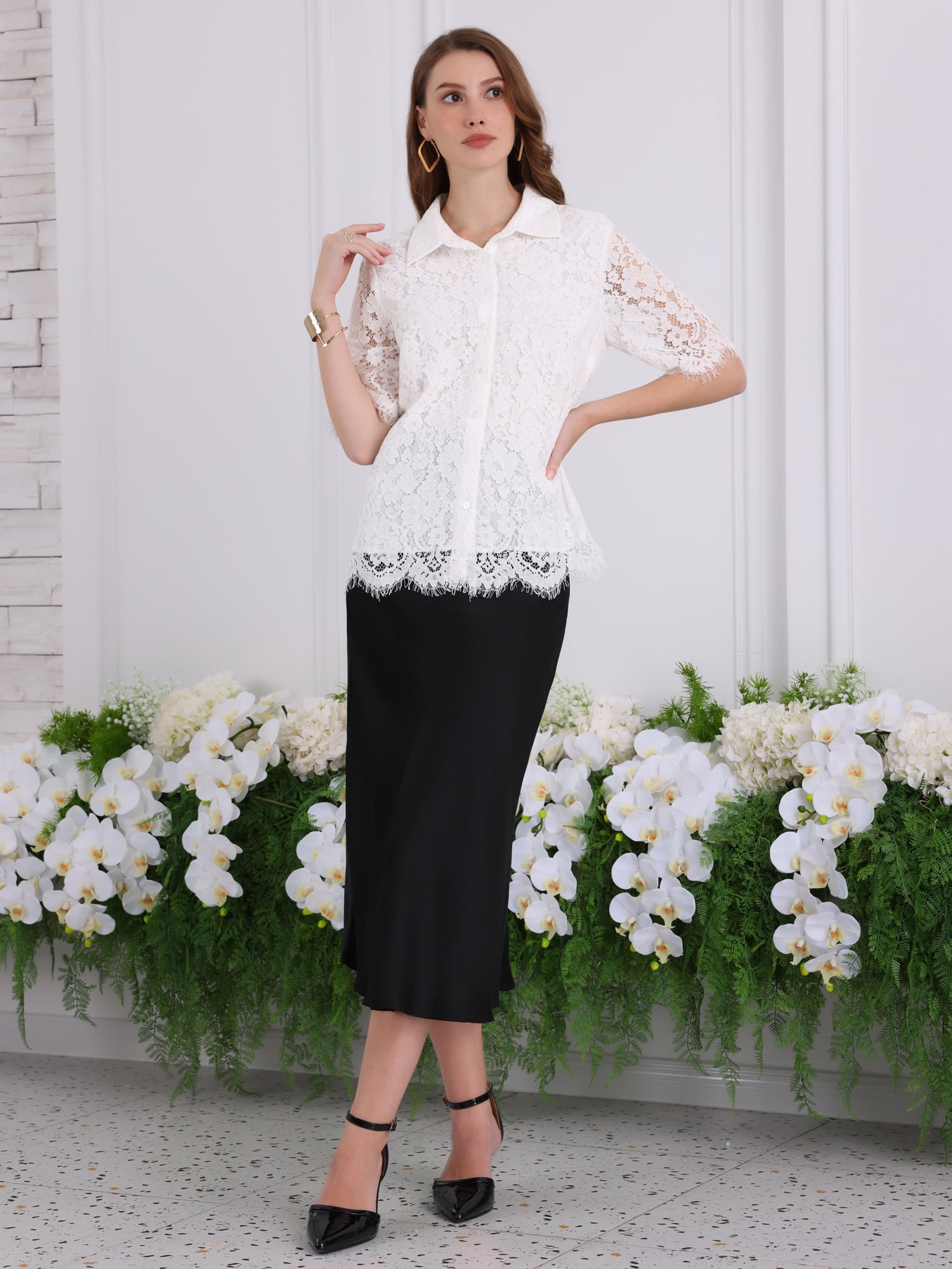 DARING DIVA Women's Lace Shirt Work Mesh Sheer Floral Business Casual Top XL White