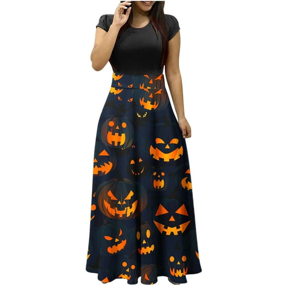 Dresses for Women Plus Size Elegant Halloween Funny Print Casual Loose Fit Short Sleeved Round Neck Skirt Maxi Dresses,Black,L